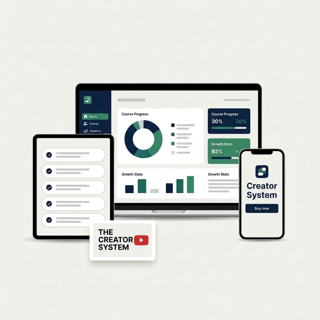 Mockup of The Creator System bundle: a Notion system dashboard on a laptop, a 5-module mini-course outline on a tablet, a Creator System sales page on a phone and a multi-platform promo card